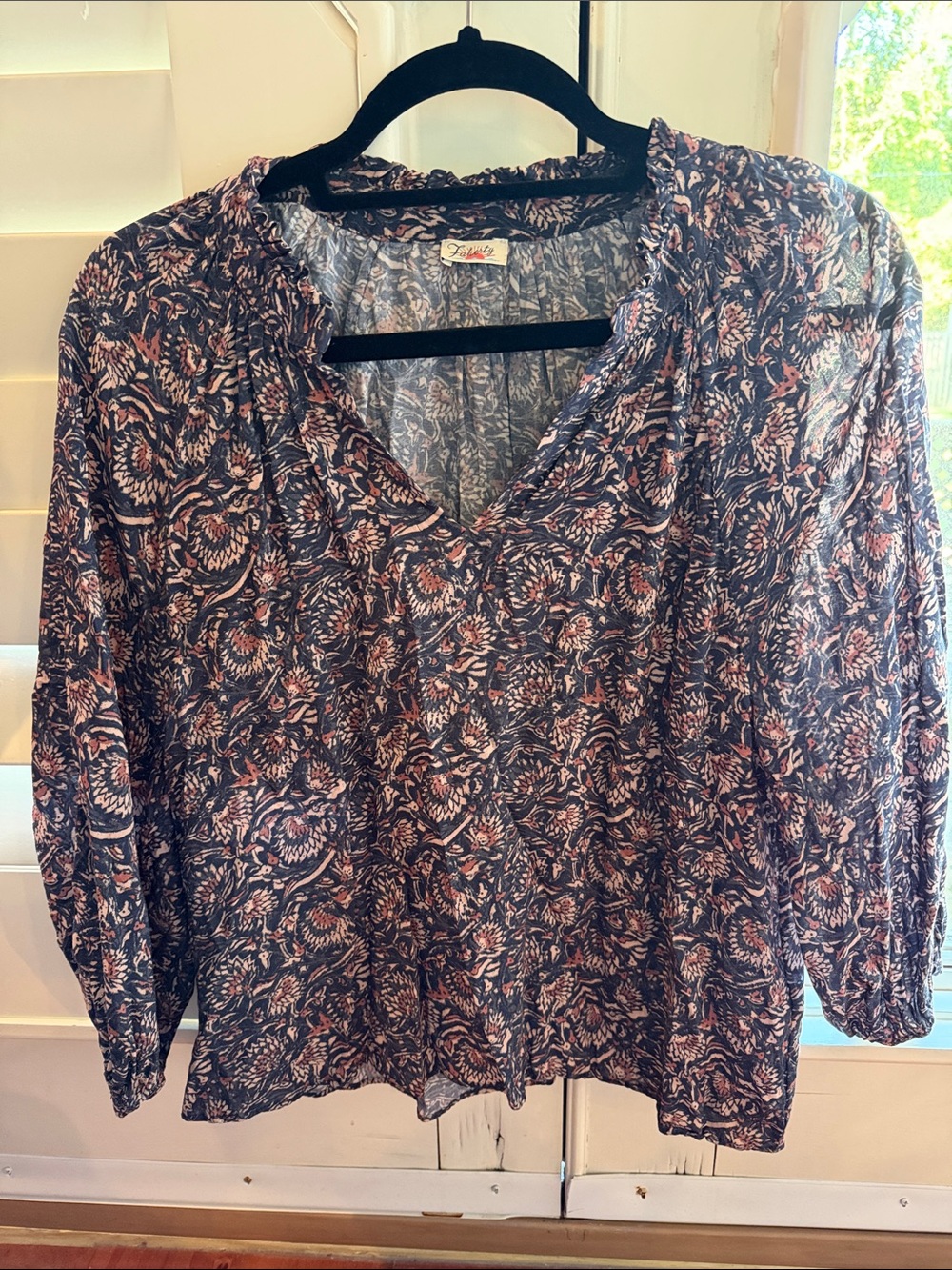 Faherty V-Neck Floral Blouse in Navy and Blush
